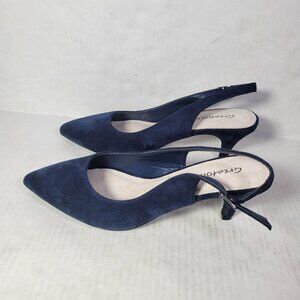Crestbon Women Navy Blue Pointed-Toe Slingback Kitten Heel Suede Heels Size 7.5